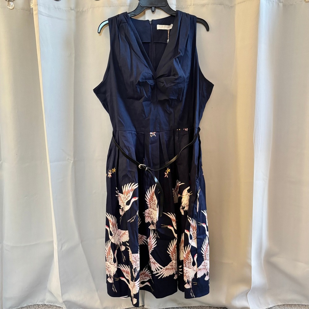 Belle Poque Women Size 2XL Blue Japanese Crane Print Fit Flare Dress Retro 19480
